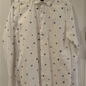 Men's White Button-Down Shirt with Blue Micro Floral Print